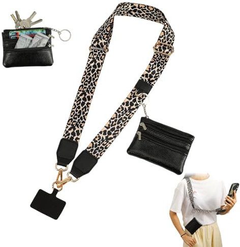 Leopard Print Phone Strap with Zippered Wallet Pouch, Crossbody Clip and Go Strap, Adjustable Lanyard Charm