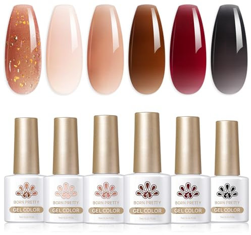 BORN PRETTY Jelly Gel Nail Polish Set Sheer Milky Jelly Nude Brown Burgundy Black Gel Polish Crystal Transparent Gel Polish Set Nail Art Varnish Manicure Collection Gift Set 7ML 6PCS