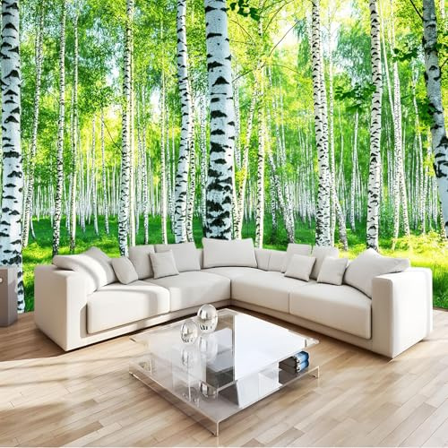 Fototapete 3D Sommer Birkenwald Grün 400x280 cm Vlies Tapeten Wandtapete Moderne Wanddeko Design Wand Dekoration Wohnzimmer Schlafzimmer