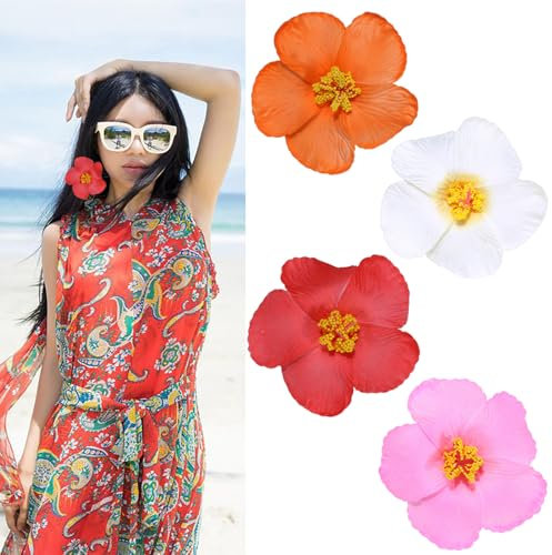 YPYMOD Lot de 4 (Rouge,Blanc,Rose,Orange) Pinces à Cheveux Artificielles en Forme de Fleurs Hawaïennes pour Femmes Convient pour les Danseurs de Mardi Gras, les Fêtes de Plage,les Mariages,10 cm