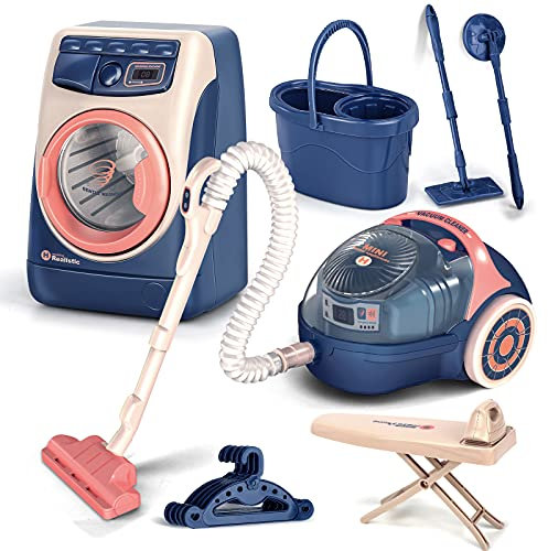 kramow Kids Cleaning Play Set, Role Play Cleaning Appliance Toy Set Accessories Set with Mop, Washing Machine, Vacuum Cleaner, Ironing Machine, Pretend Educational Toy for Kid 3+