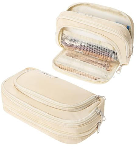 Federmäppchen Groß 3Fächer Pencil Case mit 2Geodreieck Aesthetic Etui Khaki | Geräumige Federmappe mit Reißverschluss Reißverschluss für Mädchen Jungen Stifte Etui Federmappe große Kapazität Büro