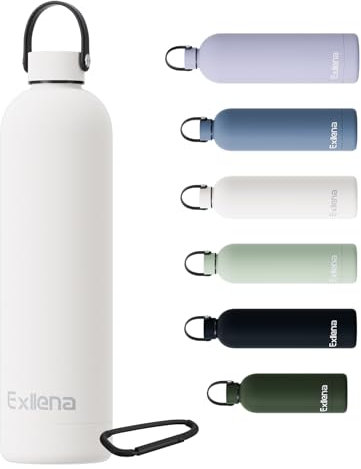 Exllena Gourde Isotherme 1l avec Poignée Pratique - Bouteille Isotherme avec 24 Heures de Conservation au 24h Froid/12h Chaud, Revêtement Anti-Dérapant - Étanche Sans BPA (Beige)