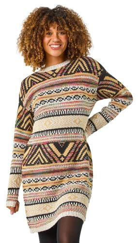 Roman Thick Jumper Dress for Women UK Ladies Fairisle Aztec Knitted Knit Sweater Knitwear Autumn Winter Holiday Round Neck Long Sleeve Soft Knee Length Sweat Warm Thick - Ivory Multi - Size 16