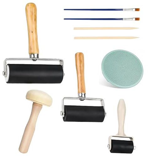 OUTALIZ Linoldruck Set, 3 Stück Rubber Brayer Roller (3,5cm, 6cm,10cm),Gummiwalze Andrückrolle, Mit 1 Pilzwalze 1 Gravur, Für Druckgrafiken, Stempeln, Drucken, Tinten, Tapeten und Kunsthandwerk