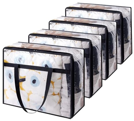 MEETOZ 4 Pack Clear Plastic Storage Bags, 40L Foldable Clothes Storage Boxes, Wardrobe Organizer Moving Bags with Reinforced Handle for Loft Wardrobe for Bedding Clothes