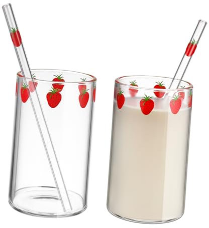 Genérico 2juegos Tazas Diseño De Fresa Y Pajita Vasos Transparentes para Jugos Leche Y Bebidas para Uso Casa Y Fiestas