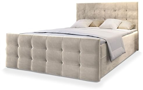 Masseno Boxspringbett Slat 180x200 cm Komplett-Set mit Matratze und Topper, Polsterbett mit Zwei Bettkästen -Beige, Cosmic 10