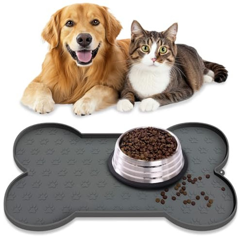 Waterproof Pet Feeding Mat, Dog Cat Food Mats Anti-Slip Silicone Dog Bowl Mat, Raised Edge to Contain Spills Protects Floors, Placemats for Pet Water Bowl, Dishwasher Safe (49.5 X 25.5 cm, Grey)