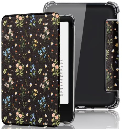 Fancity Souple Étui Compatible avec Kindle 11e Génération 2022-2024, 6 | Coque Cuir PU Transparent TPU, Fonction Veille/Réveil Intelligente pour Kindle 11e Génération 6 pouces 2022 2024, BlackFloral