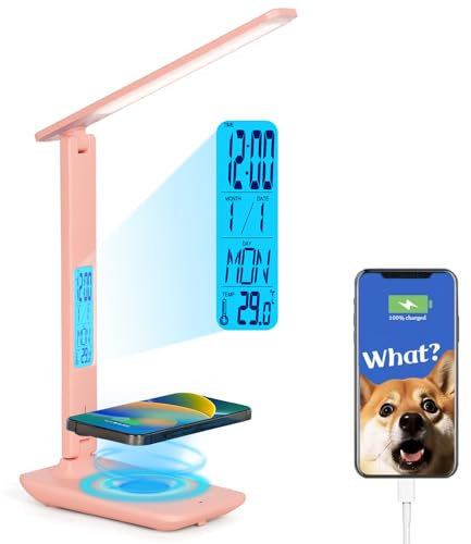 LED Desk Lamp, Desk Lamp with Wireless Charger, Table Lamp with Clock, USB Charging Port, Phone Holder, Desk Lamps for Home Office, Eye-Caring Reading Lamp, Study Lamp for Boys, Girls, Teens, Pink