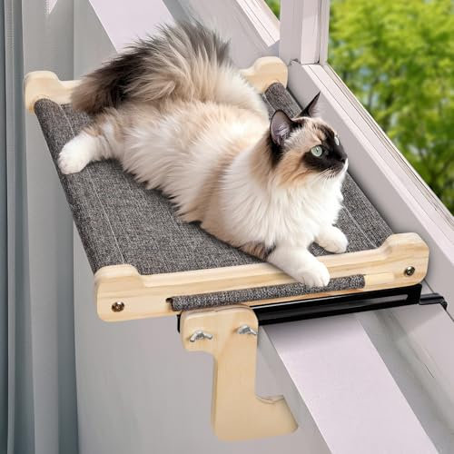 Zvonema Katzen Hängematte, Katzen Fensterliege, Stabil groß Katzenhängematte, Holz Katzenbett Fenster mit Abnehmbarem Dickem Bezug, Bequem Katzenbett Fensterbank, Platzsparendes Design bis zu 30kg
