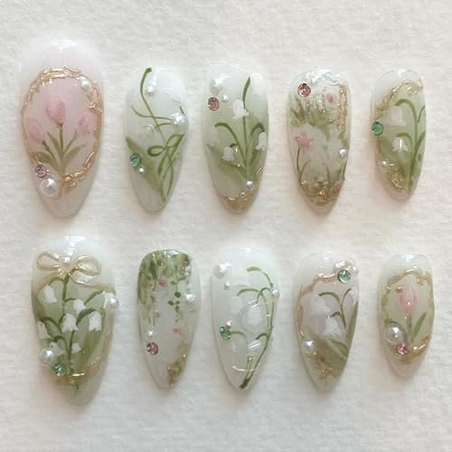 Hebterrka 3D Nageldesign Künstliche Nägel Zum Aufkleben Mit 24 Stück Blau-Grünen Fake Nails, Inklusive Nagelfeile Und Jelly Kleber, Für Zuhause Und Nagelsalons