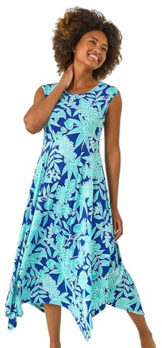 Roman Hanky Hem Swing Dress with Pockets for Women UK Ladies Asymmetric Hemline Stretch Jersey 3/4 Sleeve Winter Smart Casual Work Office Knee Length Tunics - Royal Blue - Size 12