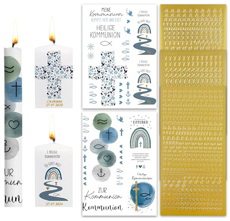FloraVigo taufkerze selber machen set，2pcs Kerzentattoos Kommunion Taufe Kerzen Tattoofolie + 3pcs Groß- und Kleinbuchstaben Kerzen Sticker Gold Zahlen Aufkleber für Taufkerze (blaue Kommunion)
