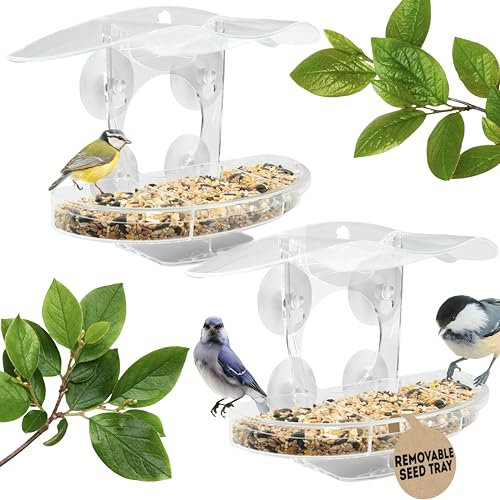 Coselena 2-Pack Window Bird Feeder – Clear Acrylic Bird Feeders with 3-Compartment Removable Tray & 4 Strong Suction Cups for Bird Watching, Garden Decor & Gardening Gifts
