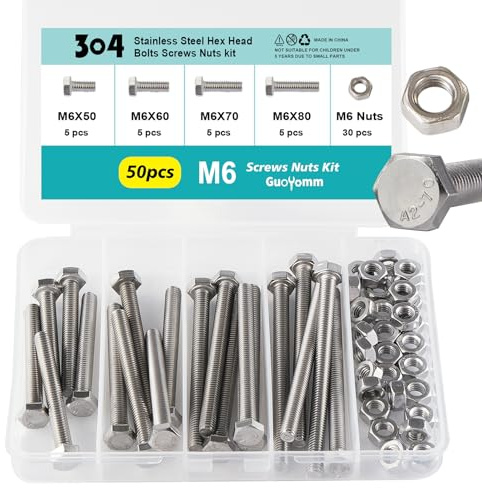 GuoYomm Set di 50 viti a testa esagonale M6, in acciaio inox 304, bulloni e dadi, viti a macchina, lunghezza: 50 mm, 60 mm, 70 mm, 80 mm