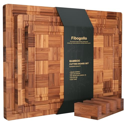 Fibogollo Bamboo Cutting Boards for Kitchen(Set of 3),Chopping Boards with Juice Groove,End Grain Serving Board with Holder,Bamboo Butcher Block for Meat,Vegetables,Fruit