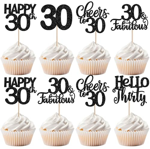 30 Stück 30th Geburtstag Tortendeko Glitzer Happy 30 Cheers to Fabulous 30 Cupcake Toppers Hello Thirty Kuchen Deko für 30th Geburtstag Jahrestag Party Kuchen Dekoration Schwarz