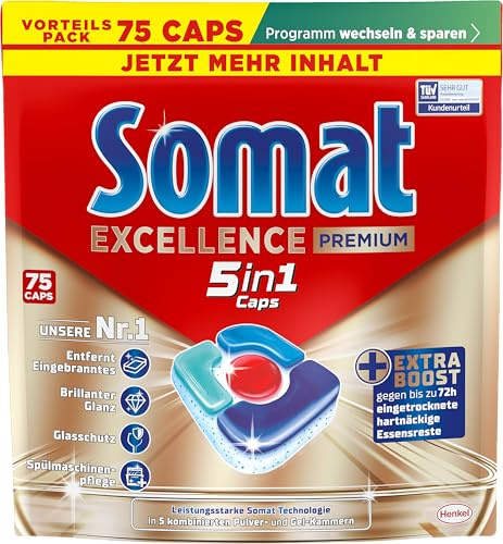 Somat Excellence Premium 5in1 (75 Caps), Spülmaschinentabs mit Extra Boost | Schnellauflösende Spültabs, kraftvoll gegen bis zu 72h eingetrocknete Essensreste, Spülmaschinenpflege & Tiefenreinigung
