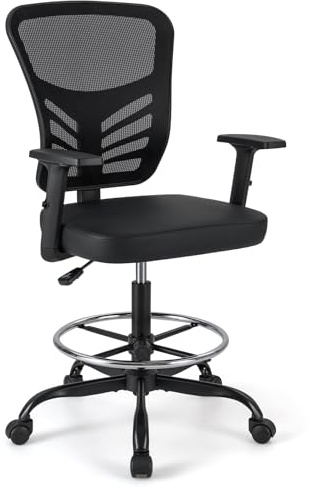 FANTASK Bürostuhl Arbeitsstuhl, Computerstuhl verstellbare Armlehnen mit Fußstütze Sitzhöhe 54-75 cm, Hoher Drehstuhl bis 150 kg ergonomisch für Arbeitsplatz Home Office, Schwarz