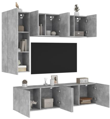 VIHHQGC 5-TLG. TV-Wandschrank Wohnwand Betongrau aus Holzwerkstoff mit Montagemöglichkeit und viel Stauraum für Medien und Bücher