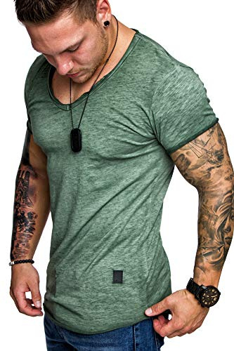 Amaci&Sons Oversize Herren Vintage T-Shirt Verwaschen V-Neck Basic V-Ausschnitt Shirt 6034