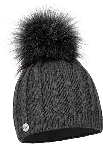 ELIMELI Mütze Damen Winter warme Strickmütze Wollmütze mit Kaschmir Wintermütze mit Kunstfell Bommel Slouch Strick Beanie Damen für Winter Bommelmütze Hergestellt in EU Farbenauswahl (Dunkelgrau)