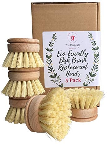 Eco-Friendly Dish Brush Replacement Heads - 5 Pieces Natural Sisal Hemp and Beech Wood Scrubbing Brushes