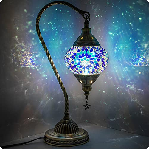 Yarra-Decor Turkish Moroccan Lamp with Bronze Base 3 Color Options Handmade Swan Neck Mosaic Glass Bedside Lamps for Bedroom (LED Bulb Included)(Blue2)