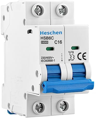 Heschen Miniatur-Leitungsschutzschalter HSB6C, 16 Ampere Strom, 2-polig, Typ C, 6 kA Schaltleistung, DIN-Schienenmontage