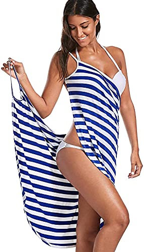 LSDRALOBOOE Handtuch Poncho Badeponcho Strandtuch Frauen Bikini Cover Up Backless V-Ausschnitt Streifen Mittellanges Wickelkleid für Strand Schwimmen Urlaub Lässige Cover Ups 703(Color:Blue;Size:XXL