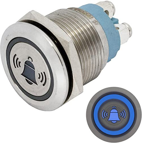 Lumonic pulsador de acero inoxidable plano de 19mm de diámetro I Con un LED de campana en azul Dimensiones: Conexión por tornillo 250V 3A I Antivandálico según norma IP65