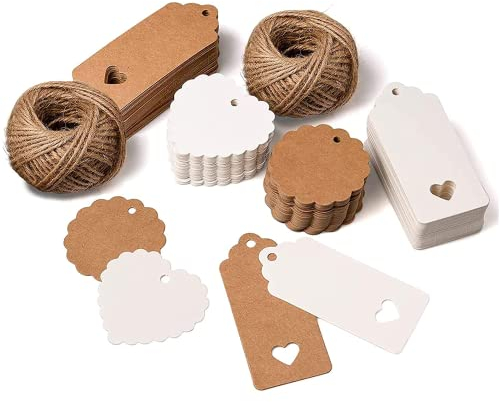 CareHabi - 200stk. Kraftpapier Anhänger Etiketten Geschenkanhänger mit Herz und Jute Schnur 50M für Hochzeit Geschenke ,Weihnachtsgeschenke,Partygeschenke,Geschenkdeko.