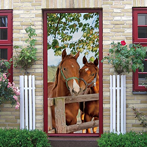 Türtapete Selbstklebend Tierpaar Pferd Türfolie Selbstklebend 3D Türtapete Wasserdicht Abnehmbare Türaufkleber PVC Türposter Selbstklebend Wohnzimmer Tür Aufkleber(95x215cm)