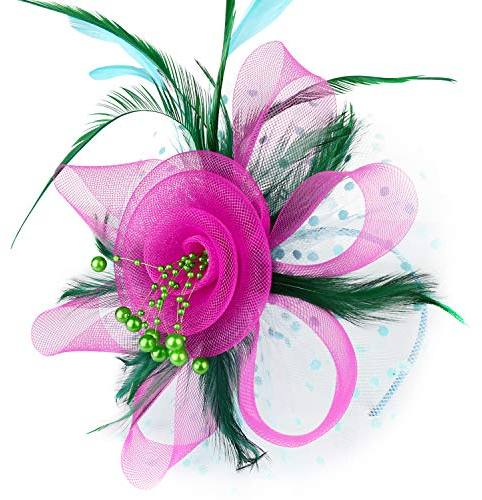 DRESHOW Fascinators Hut Blume Mesh Bänder Federn auf einem Stirnband und Einem Geteilten Clip Cocktail Tea Party Headwear für Mädchen und Damen