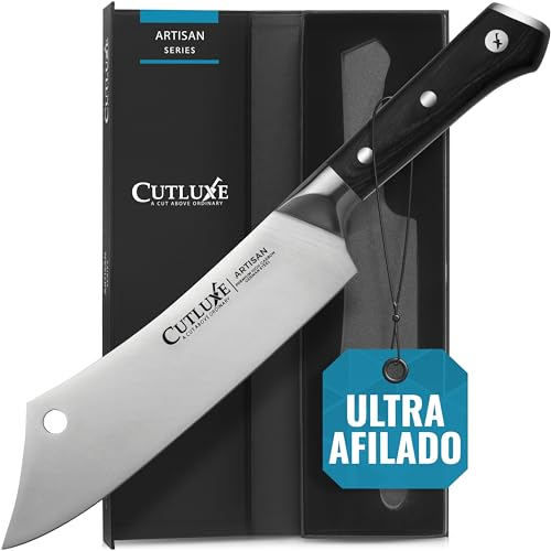 Cutluxe Cuchillo Chef y Carnicero Hibrido - 20 cm Cuchillo Carnicero, Cuchillo Cocina Profesional Ultracortante - Diseño de Mango Ergonómico de Espiga Completa - Serie Artesano