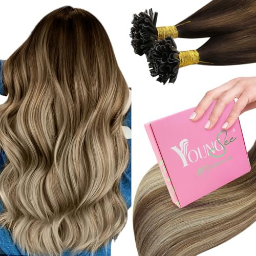 YoungSee Bondings Extensions Echthaar Balayage Echthaar Extensions Bondings 45cm Bonding Extension Echt Haar Haarextension Keratin Bonding U Tip Haare KTip Haarverlangerung Glatt 50g #4/6/22