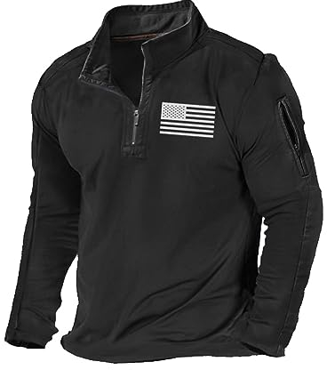H HYFOL Herren USA Flagge Graphic Pocket Sweatjacke Pulli, American Patriotic 1/4 Zip Stehkragen Langarm, Schwarz, Large