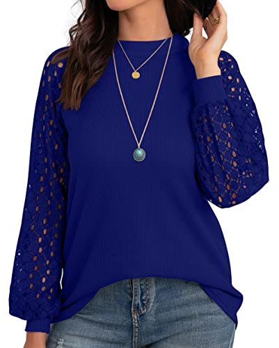 IWOLLENCE Long Sleeve Tops for Women UK Going Out Womens Blouses Round Neck Ladies Dressy Lace Long Sleeve T Shirts Royal Blue XL