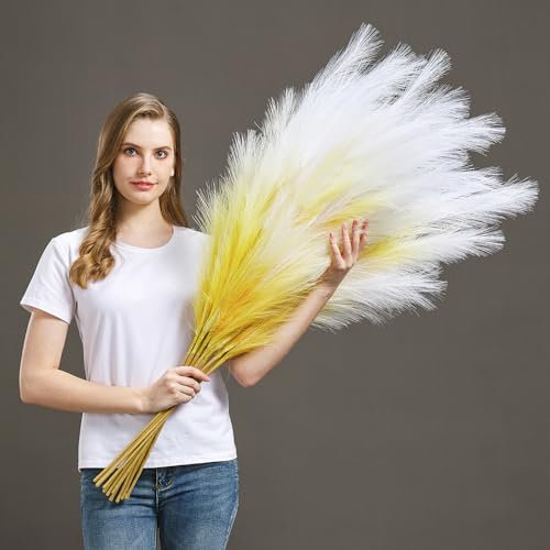 Aurora Prime 7 Stück/45 Zoll künstliches hohes Pampasgras für Bodenvase – Lange gefälschte Pampasgraszweige für Büro und Heimdekoration – Pompasgras Geschenk und Boho-Dekor (Gelbgold-Farbverlauf, 7)