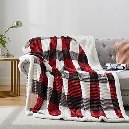 PU MEI Sherpa-Decke, Doppelbett, kariert, dick, 152,4 x 203,2 cm, superweiches Flanell-Fleece, wendbar, Samt, Plüsch, warme Decke für Couch (rot kariert, 152,4 x 203,2 cm)