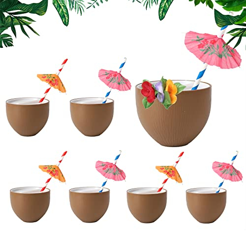 Gukasxi Set di 6 bicchieri Hawaii in cocco con cannucce di carta, tazze di cocco tropicali hawaiane cocktail party bicchieri tropicali compleanno festa a tema bomboniera fornitori