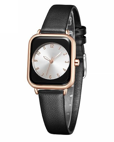 CIVO Montre Femme Mode Fantaisie Montre Bracelet Élégant Noir Cuir Bande Lumineux Analogique Montre pour Femme Or Rose Boîtier Étanche Rectangle Montres Mince, Cadeau pour Femme