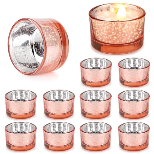 LALAGO Set di 12 bicchieri da tè macchiati, portacandele in vetro, portacandele per tealight, decorazione natalizia, decorazione da tavolo, matrimonio (rosa)