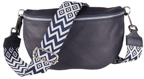 MIRROSI® Bauchtasche Damen, Echtleder, Made in Italy, Umhängetasche, Brusttasche, Crossbody Bag (1 Tasche & 2 Gurte) (Navy (Bohemian Navy Weiß), Kleine Tasche (22x13x6cm))