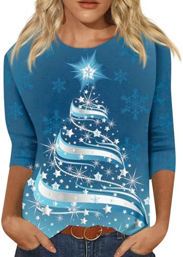Azruma Spitzen Oberteile Damen Weihnachts Hemd Plissee Klamotten Frauen Casual Weihnachts Drucken Rundhals 3/4 Ärmel Tunika Oberteile Herbst Winter Warm Sweatshirt Damen Streetwear (2-Blue, XXL)
