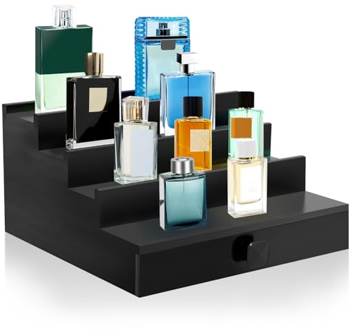 upcessory Cologne Organizer für Herren, 4 Etagen, Holz-Parfüm-Organizer mit Filzfutter-Schublade und verstecktem Fach, Parfüm-Display-Halter, ein tolles Geschenk für Männer – Schwarz
