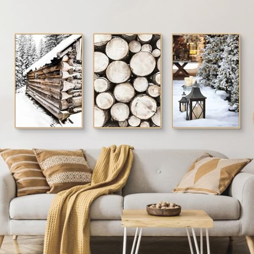 CULASIGN 3 Stück Premium Poster Set, Winterlandschaft Wandbilder, Winter Bilder Holzhaus,Tannenzapfen,Tiger, Deko für Wohnzimmer Schlafzimmer, Ohne Rahmen (GHI,50x70cm)