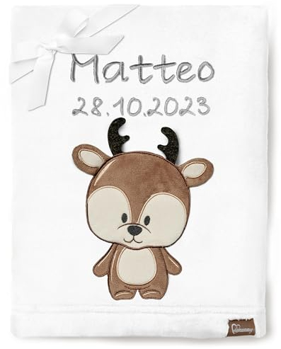 Be Mammy Personalisierte Babydecke mit 3D Applikation Warme Kuscheldecke mit Namen und Geburtsdatum; Perfektes Baby Geschenk; Blanket; Krabbeldecke BE20-280 (Weiß - Hirsch)